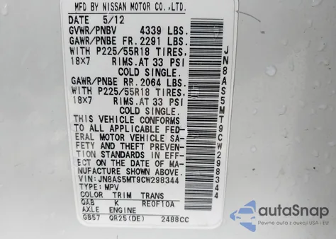 2012 Nissan Rogue Sv W/Sl Pkg from USA, damaged, VIN JN8AS5MT9CW298344